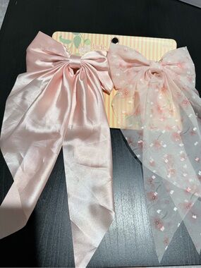 Set of Pink Satin and Floral Tulle Hair Bows